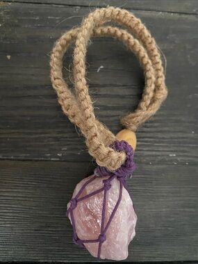Handcrafted Rose Quartz Pendant Necklace with Purple Cord